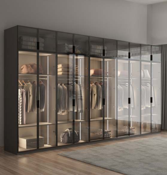 Light luxury minimalist walk-in closet glass door wardrobe custom bedroom swing glass door wardrobe factory direct sales